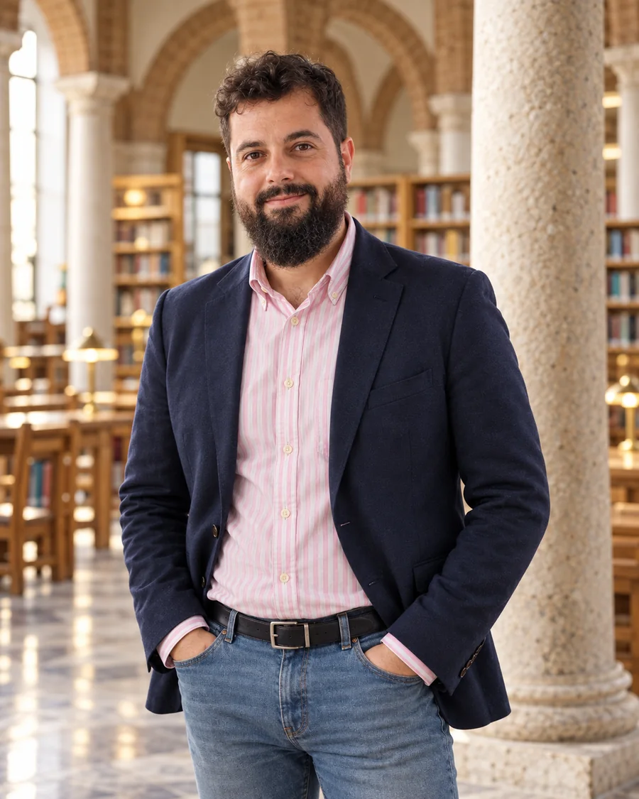 Víctor Corrales, con americana azul, en una biblioteca.
