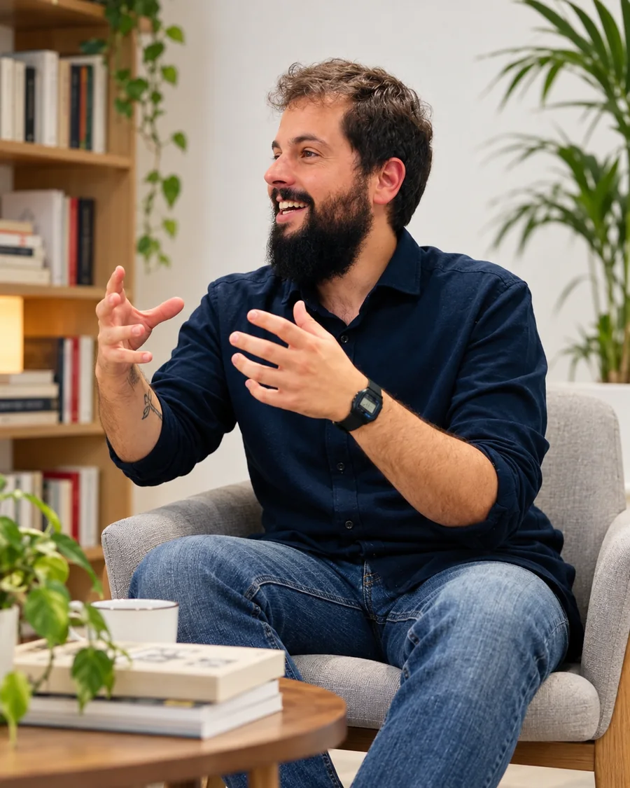 Víctor Corrales conversa con las manos mientras está sentado en un sillón rodeado de libros.