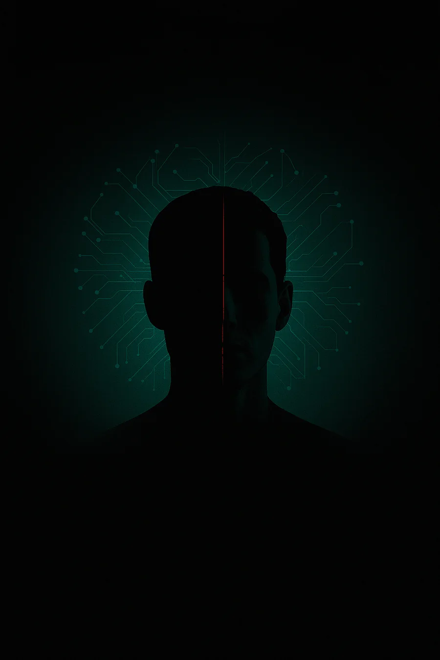 Arte editorial: una silueta de rostro dividida por una línea, rodeada de trazos sobre un fondo oscuro.