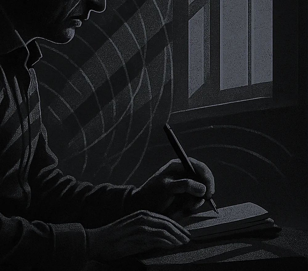 Detalle de Linus escribiendo en una libreta junto a una ventana y un motivo de círculos.