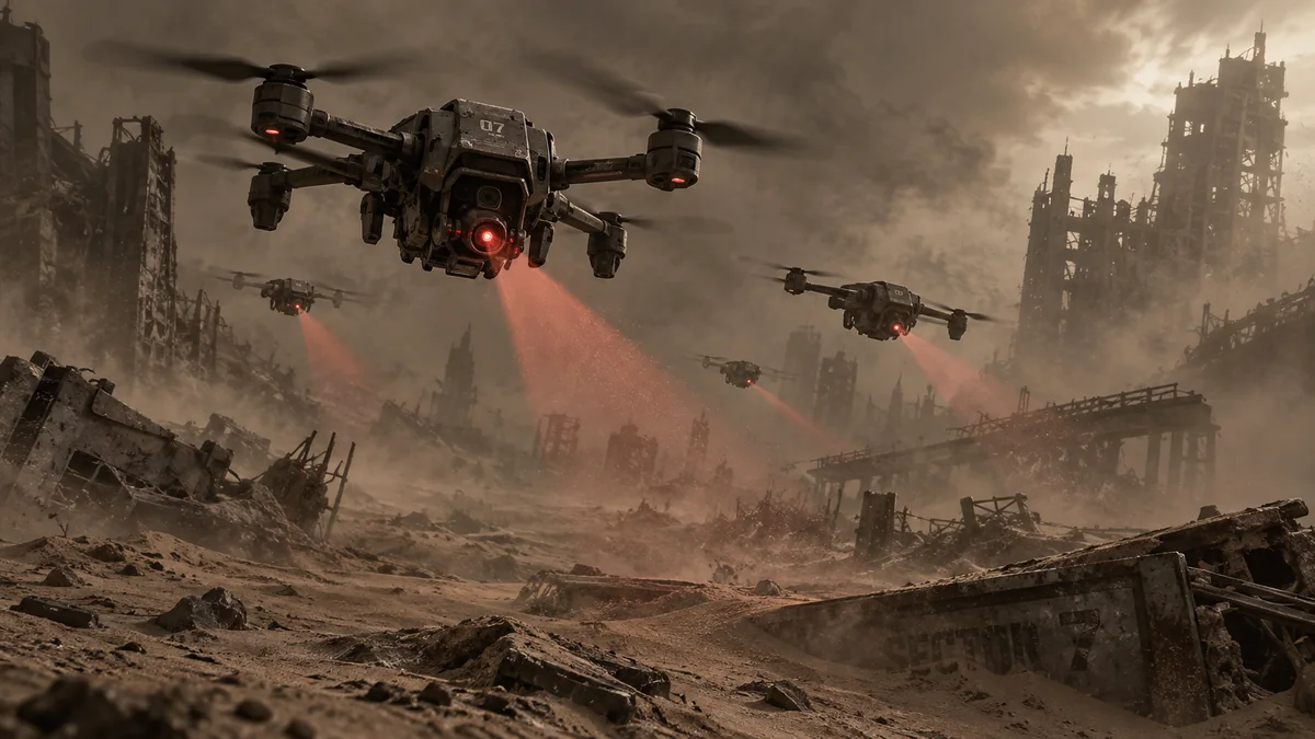 Drones sobrevuelan una ciudad en ruinas.