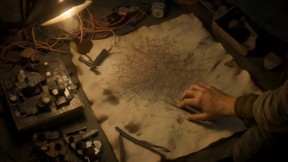 Manos sobre un mapa junto a componentes electrónicos.