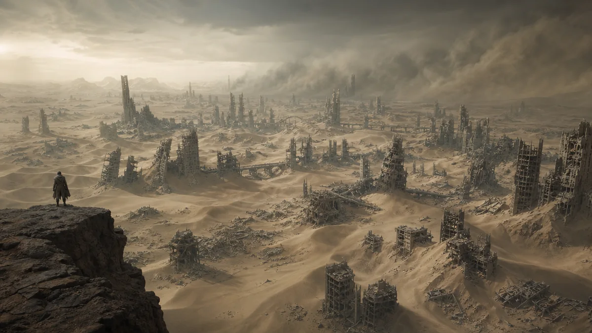 Paisaje de ruinas bajo un cielo cubierto de polvo.