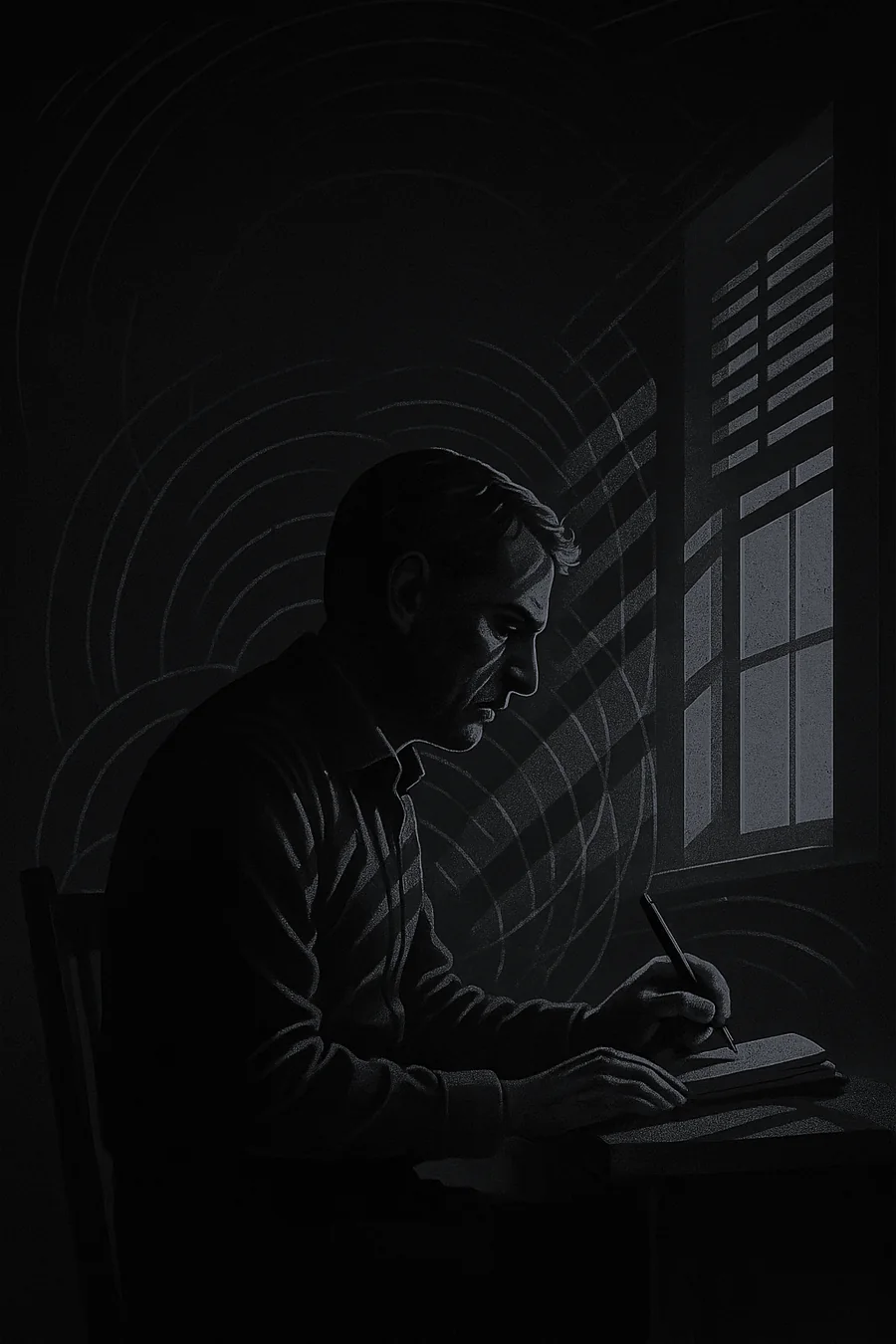 Linus escribe junto a una ventana mientras círculos concéntricos rodean su figura.