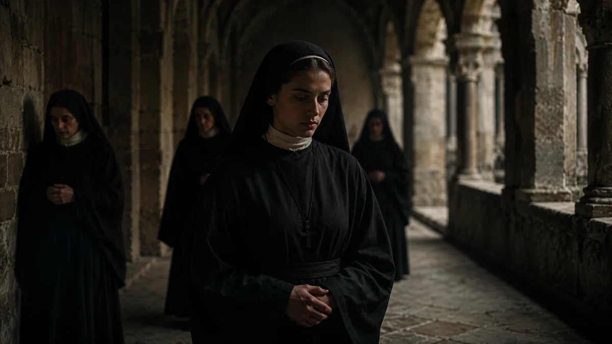 Una joven con hábito recorre un claustro, seguida por otras monjas.
